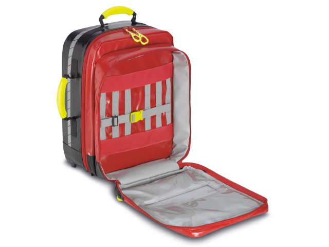 Imagen de la mochila de emergencia para paramédico Feldberg DEA roja de PAX abierta