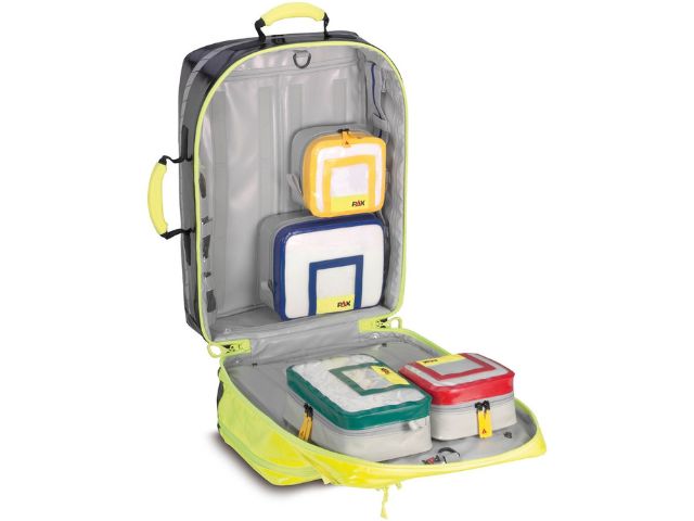 Imagen de la mochila de emergencia Wasserkuppe L-FT amarilla de PAX abierta