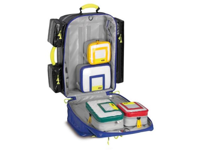 Imagen de la mochila de emergencia Wasserkuppe L-ST-FT de PAX azul abierta