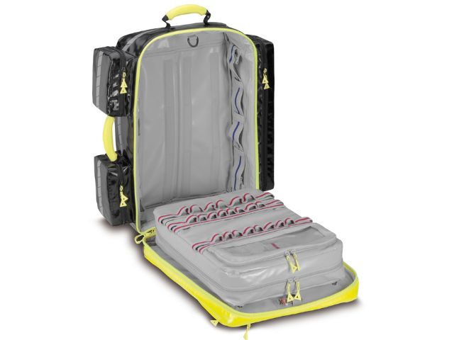 Imagen de la mochila de emergencia Wasserkuppe L-ST amarilla de PAX abierta bolsillo frontal