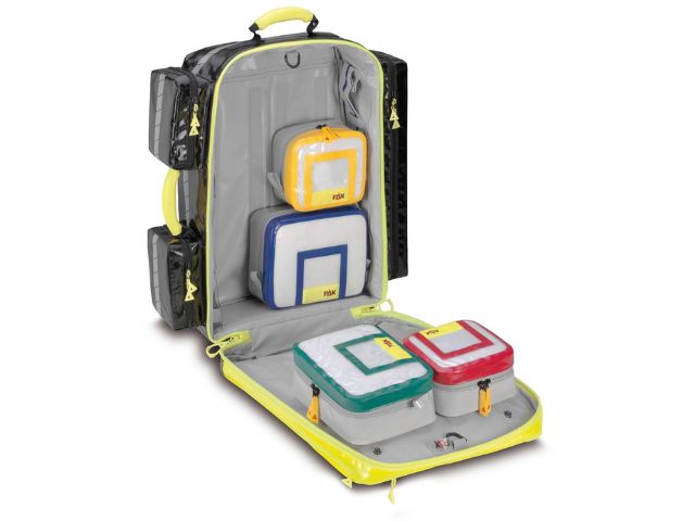 Imagen de la mochila de emergencia Wasserkuppe L-ST amarilla de PAX abierta bolsillo interiores