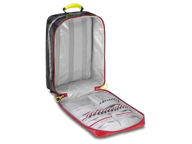 Imagen de la mochila de emergencia grande y compacta Rapid Response roja de PAX abierta