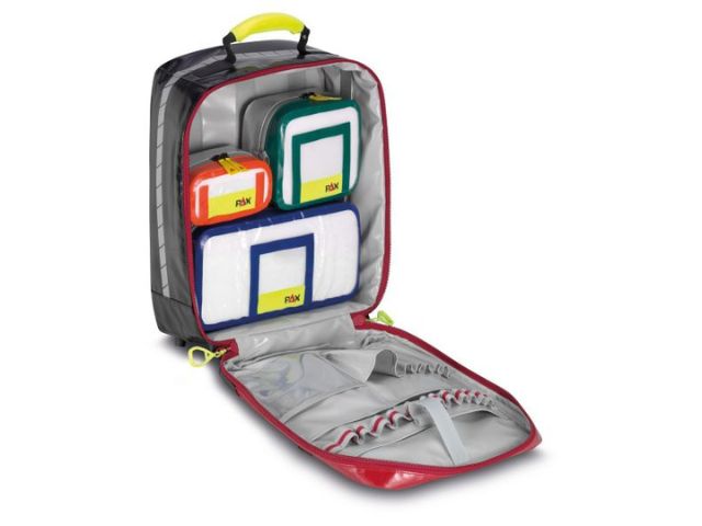 Imagen de la mochila de emergencia Rapid Response roja de PAX abierta con bolsillos interiores