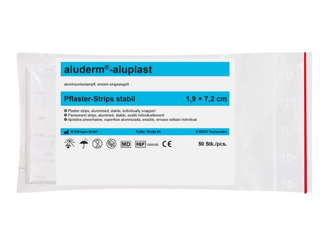Imagen del paquete de tiritas de 50 unidades de 1,9x7,2 cm impermeables Aluderm Aluplast de Söhngen