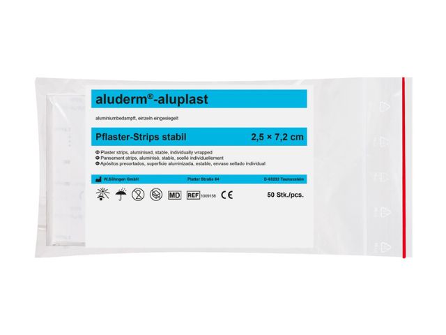 Imagen del paquete de tiritas de 50 unidades de 2,5x7,2 cm impermeables Aluderm Aluplast de Söhngen