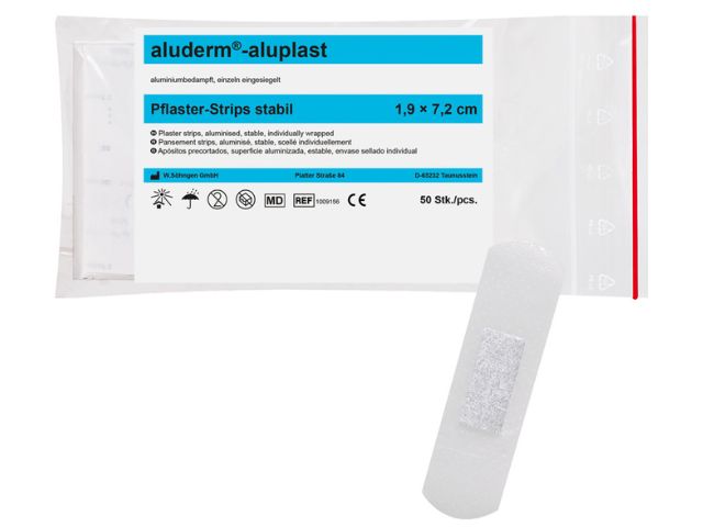 Imagen del paquete de tiritas de 50 unidades de 1,9x7,2 cm impermeables Aluderm Aluplast de Söhngen