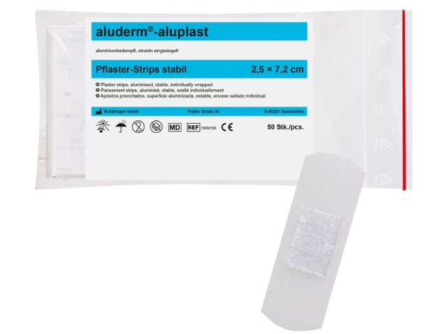 Imagen del paquete de tiritas de 50 unidades de 2,5x7,2 cm impermeables Aluderm Aluplast de Söhngen