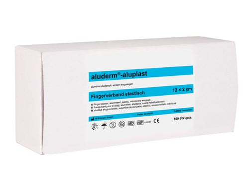 Imagen del paquete de 100 unidades de apósitos para dedos Aluderm Aluplast 12x2 cm de Söhngen