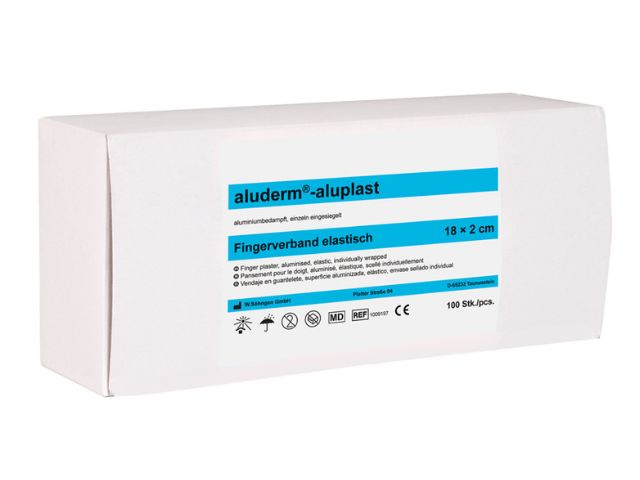 Imagen del paquete de 100 unidades de apósitos para dedos Aluderm Aluplast 12x2 cm de Söhngen