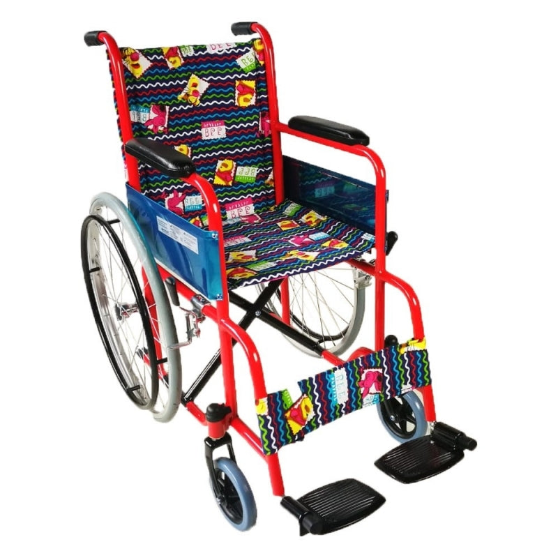 Cadeira de rodas infantil dobrável, rodas grandes, apoio para os pés vermelho com estofamento estampado